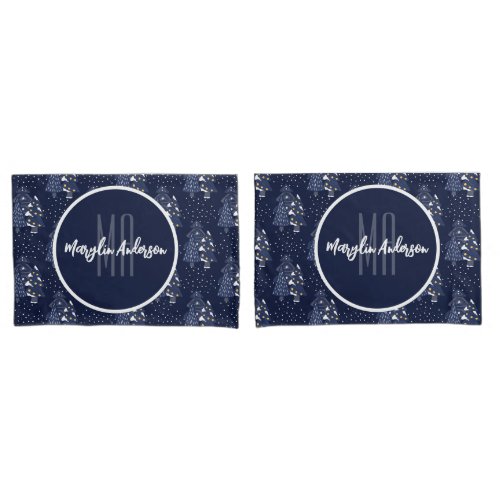 DARK BLUE CHRISTMAS WINTER FOREST MONOGRAM PILLOW CASE