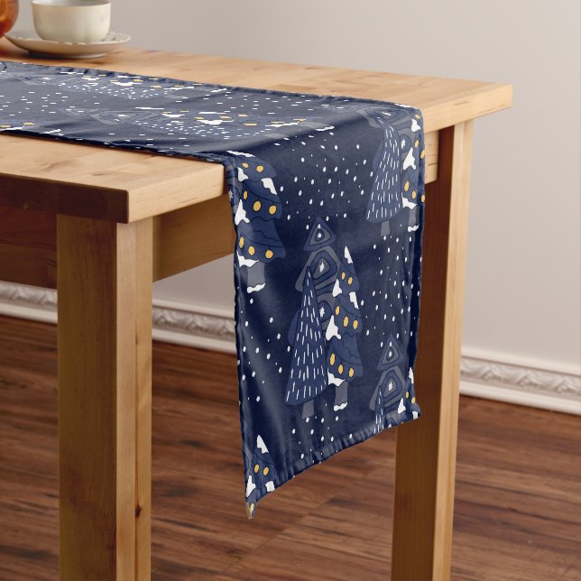 DARK BLUE CHRISTMAS WINTER FOREST MONOGRAM SHORT TABLE RUNNER (In Situ)