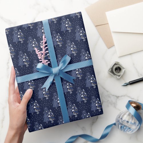 DARK BLUE CHRISTMAS WINTER FOREST MONOGRAM WRAPPING PAPER