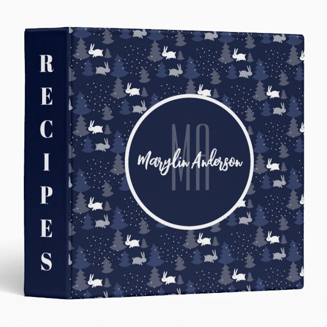 DARK BLUE CHRISTMAS WINTER TREES AND BUNNIES 3 RING BINDER (Front/Spine)