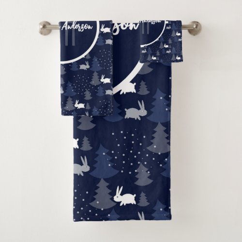 DARK BLUE CHRISTMAS WINTER TREES AND BUNNIES BATH TOWEL SET