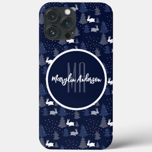 DARK BLUE CHRISTMAS WINTER TREES AND BUNNIES iPhone 13 PRO MAX CASE