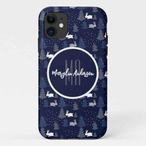 DARK BLUE CHRISTMAS WINTER TREES AND BUNNIES iPhone 11 CASE