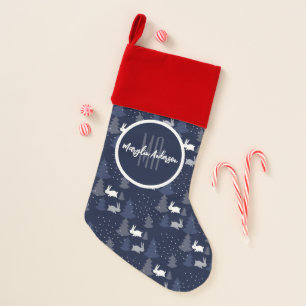 DARK BLUE CHRISTMAS WINTER TREES AND BUNNIES CHRISTMAS STOCKING