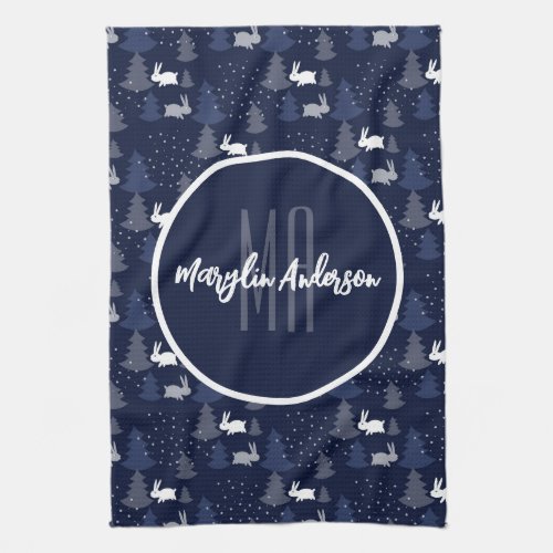 DARK BLUE CHRISTMAS WINTER TREES AND BUNNIES KITCHEN TOWEL