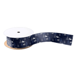 DARK BLUE CHRISTMAS WINTER TREES AND BUNNIES SATIN RIBBON
