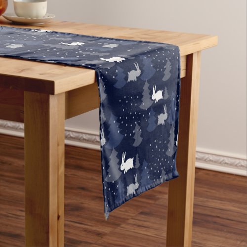 DARK BLUE CHRISTMAS WINTER TREES AND BUNNIES SHORT TABLE RUNNER