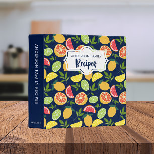 Dark Blue Citrus Lemon Pattern Chic Family Recipes 3 Ring Binder