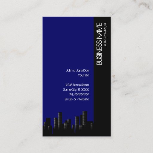Customizable dark blue cityscape business card template