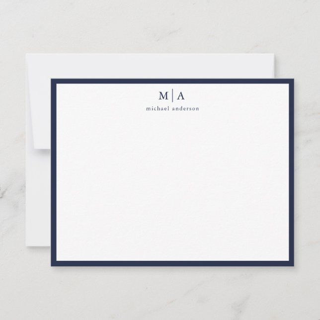 Dark Blue Classic Border Monogram Correspondence Note Card (Front)