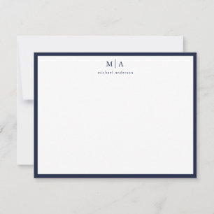 Dark Blue Classic Border Monogram Correspondence Note Card