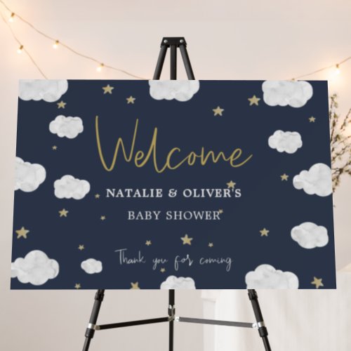 Dark Blue Clouds Stars Baby Shower Welcome Sign