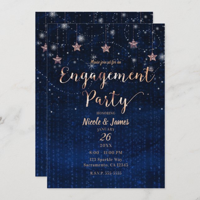 Dark Blue & Copper Bronze Starry Night Engagement Invitation (Front/Back)