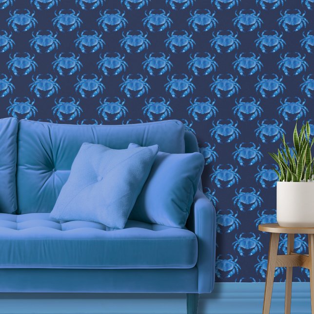 Dark blue crab nautical beach wallpaper  (Blue crab coastal chic wallpaper)