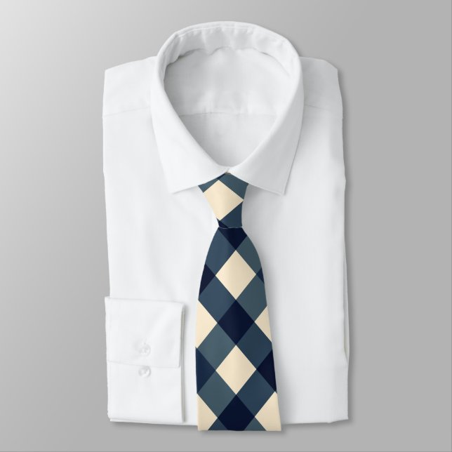Dark Blue, Cream, and Slate Gray Diagonal Gingham  Neck Tie (Tied)