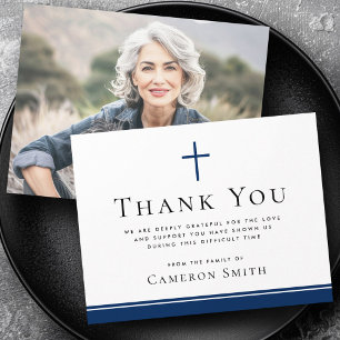Dark blue cross border funeral sympathy photo thank you card