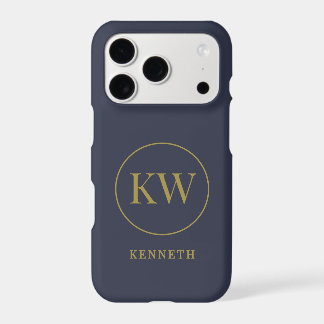 Dark Blue Custom Gold Initials Name Minimalist Men iPhone 17 Pro Case