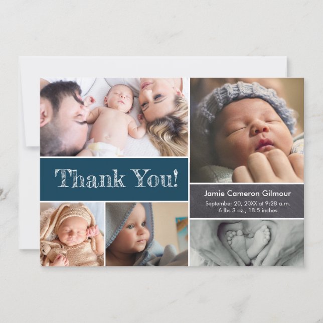 Dark Blue Custom Photo Collage Baby Shower Thank You Card (Front)