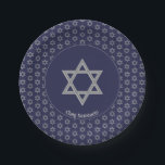 Dark Blue Customizable STAR OF DAVID Paper Plates<br><div class="desc">Elegant dark blue STAR OF DAVID Paper Plates, showing with faux silver Magen David in a tiled pattern. At the center, there is an image of a larger Star of David, which is CUSTOMIZABLE, so you can upload your own image. Underneath, the text reads CHAG SAMEACH. This is also customizable...</div>