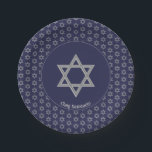 Dark Blue Customizable STAR OF DAVID Paper Plates<br><div class="desc">Elegant dark blue STAR OF DAVID Paper Plates, showing with faux silver Magen David in a tiled pattern. At the center, there is an image of a larger Star of David, which is CUSTOMIZABLE, so you can upload your own image. Underneath, the text reads CHAG SAMEACH. This is also customizable...</div>
