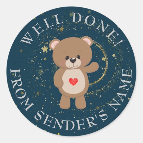 Dark Blue Cute Bear Stars Glitter Well Done Classic Round Sticker