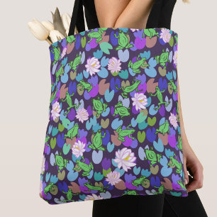 Dark Blue Cute Frog Art And Waterlilies Tote Bag