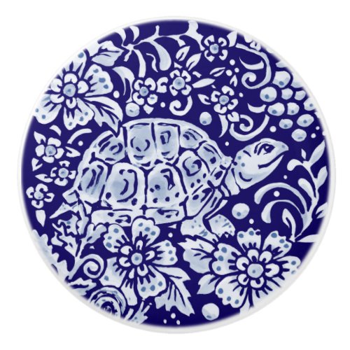 Dark Blue Cute Turtle Woodland Animal Floral Ceramic Knob