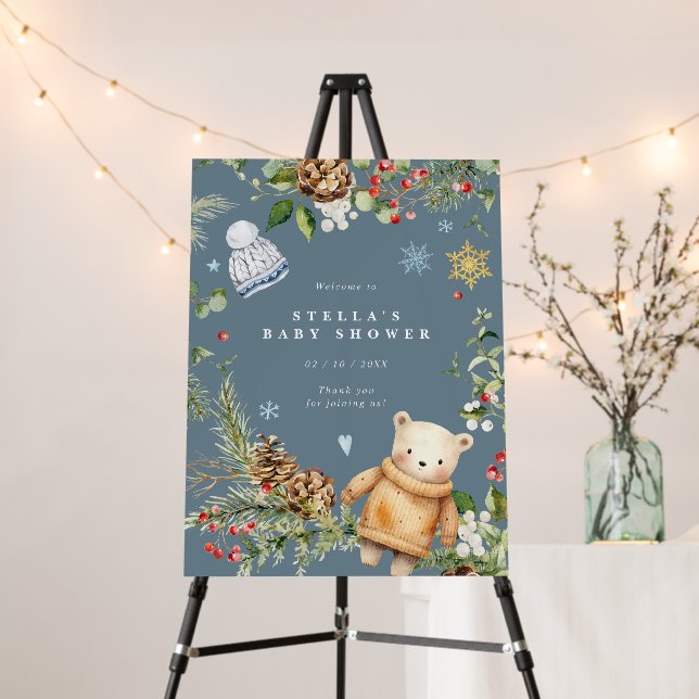 Dark Blue | Cute Winter Baby Shower Welcome Sign (In Situ (Stand))