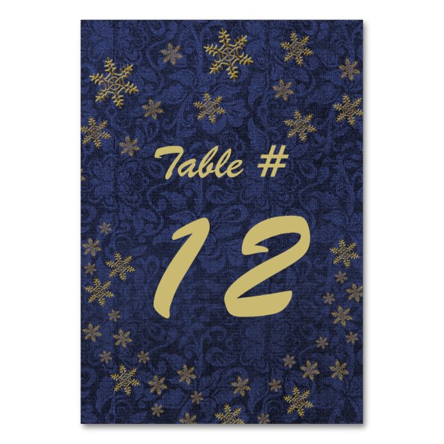 Dark Blue Damask Christmas Party Table Number (Front)