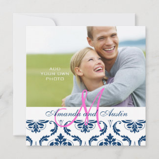 Dark Blue Damask Monogram Photo Wedding Invitation