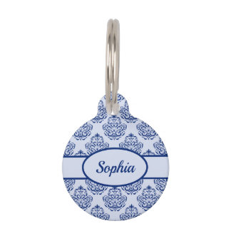 Dark Blue Damask Pattern & Custom Pet Info ID Tag