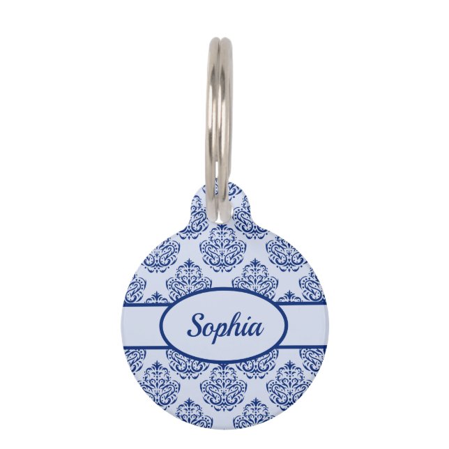 Dark Blue Damask Pattern & Custom Pet Info ID Tag (Front)