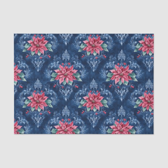 Dark Blue Damask with Red Poinsettia Flowers Tissue Paper (Front)