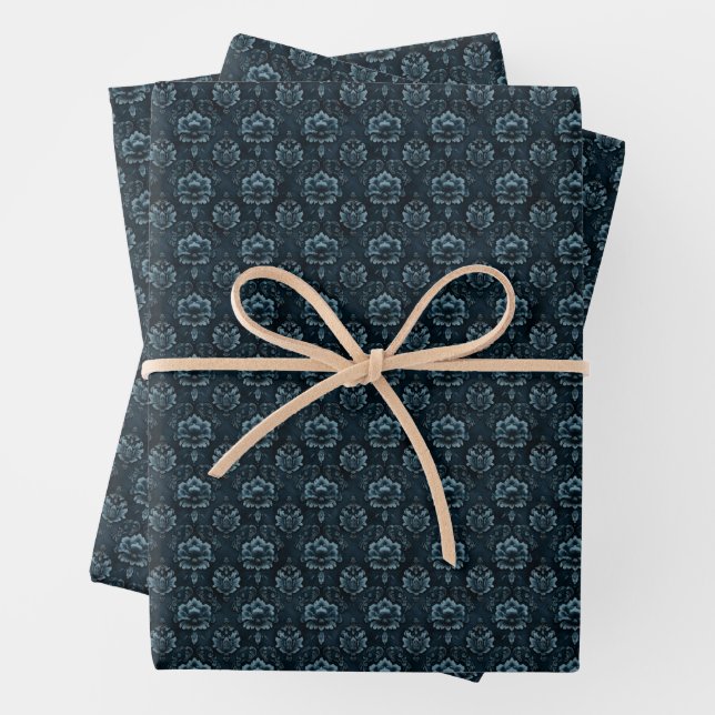Dark Blue Damask Wrapping Paper Sheets (In situ)