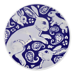 Dark Blue Dancing Rabbits Whimsical Paisley Bunny Ceramic Knob