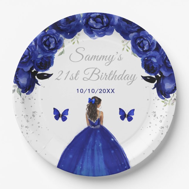 Dark Blue Dark Skin Princess Birthday Party Paper Plates (Front)
