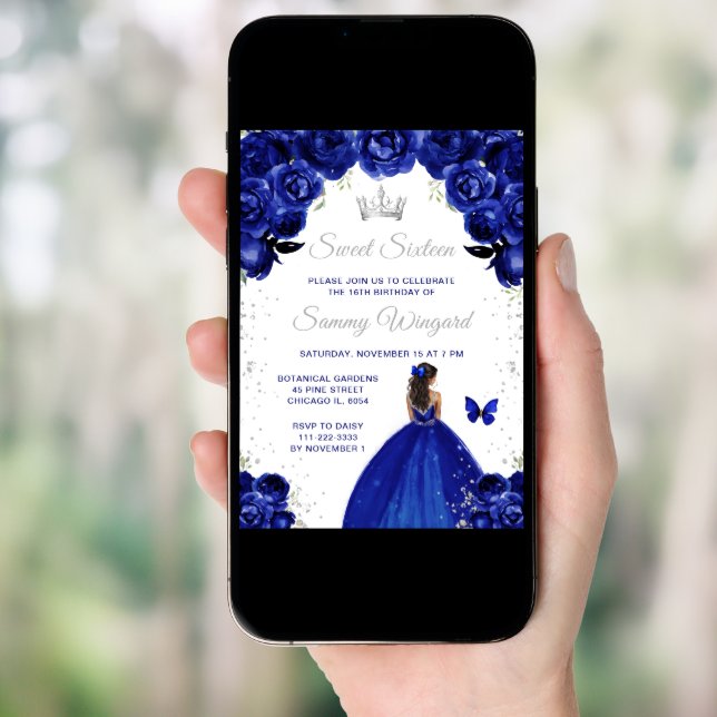 Dark Blue Dark Skin Princess Sweet Sixteen Invitation (Front Digital)