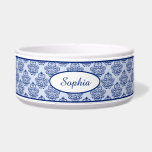 Dark Blue Decorative Damask Pattern & Custom Name<br><div class="desc">Elegant dark blue / navy blue vintage damask pattern background with a personalizable text area for the name of the pet. The font is a lovely script font in blue color.</div>