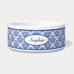 Dark Blue Decorative Damask Pattern & Custom Name Bowl<br><div class="desc">Elegant dark blue / navy blue vintage damask pattern background with a personalizable text area for the name of the pet. The font is a lovely script font in blue color.</div>
