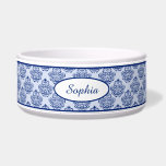 Dark Blue Decorative Damask Pattern & Custom Name Bowl<br><div class="desc">Elegant dark blue / navy blue vintage damask pattern background with a personalizable text area for the name of the pet. The font is a lovely script font in blue color.</div>