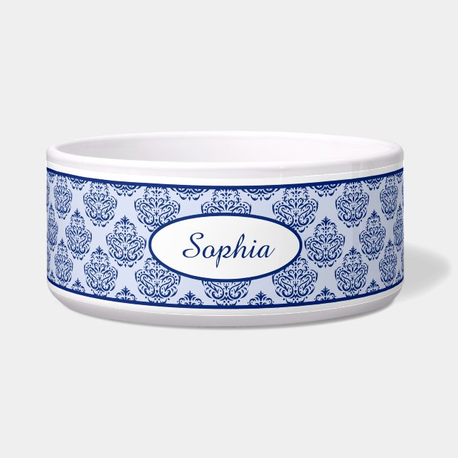 Dark Blue Decorative Damask Pattern & Custom Name Bowl (Front)