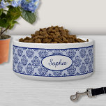 Dark Blue Decorative Damask Pattern & Custom Name Bowl<br><div class="desc">Elegant dark blue / navy blue vintage damask pattern background with a personalizable text area for the name of the pet. The font is a lovely script font in blue color.</div>