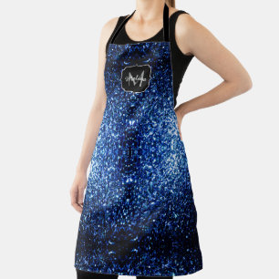 Dark Blue deep shiny faux glitter sparkle Monogram Apron