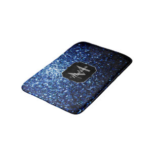 Dark Blue deep shiny faux glitter sparkle Monogram Bathroom Mat
