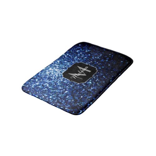 Dark Blue deep shiny faux glitter sparkle Monogram Bathroom Mat