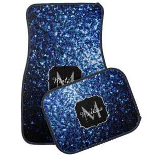 Dark Blue deep shiny faux glitter sparkle Monogram Car Mat