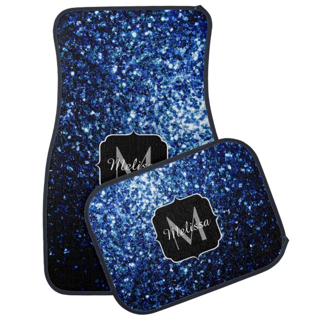 Dark Blue deep shiny faux glitter sparkle Monogram Car Mat (Set)