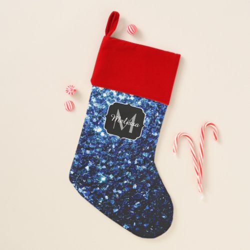 Dark Blue deep shiny faux glitter sparkle Monogram Christmas Stocking