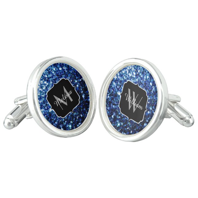 Dark Blue deep shiny faux glitter sparkle Monogram Cufflinks (Angled)