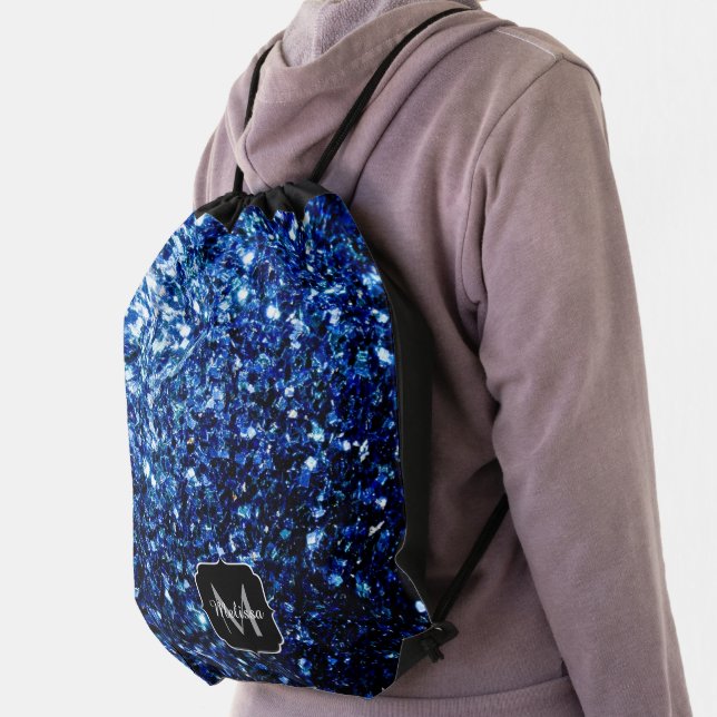 Dark Blue deep shiny faux glitter sparkle Monogram Drawstring Bag (Insitu)